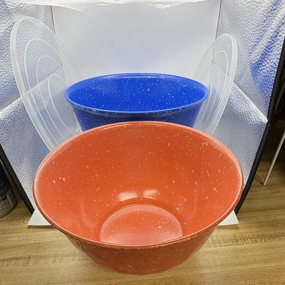 The Pioneer Woman 4pc Speckled Plastic Nesting Bowl Set w/ Lids Blue And Red
